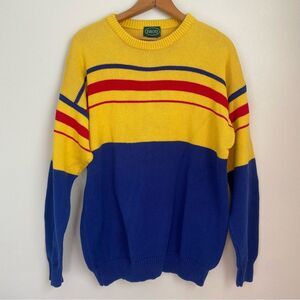 Vintage Izod Crewneck Pullover Sweater 100% Cotton Stripe Yellow Blue Men's L